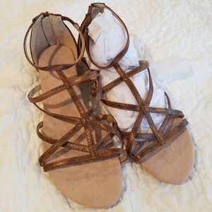 Strappy Gold Metallic sandals zip up back